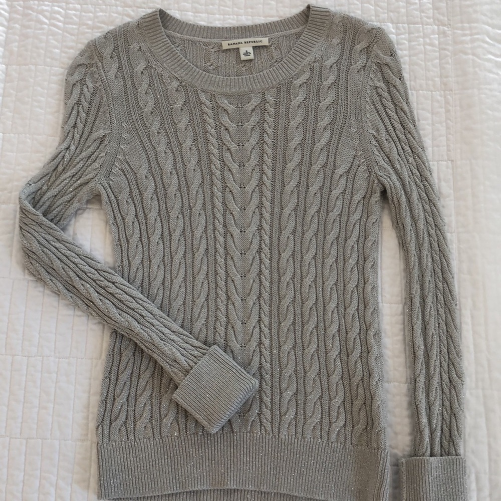BANANA REPUBLIC Grey Silver Metallic Classic Cable Knit Sweater
